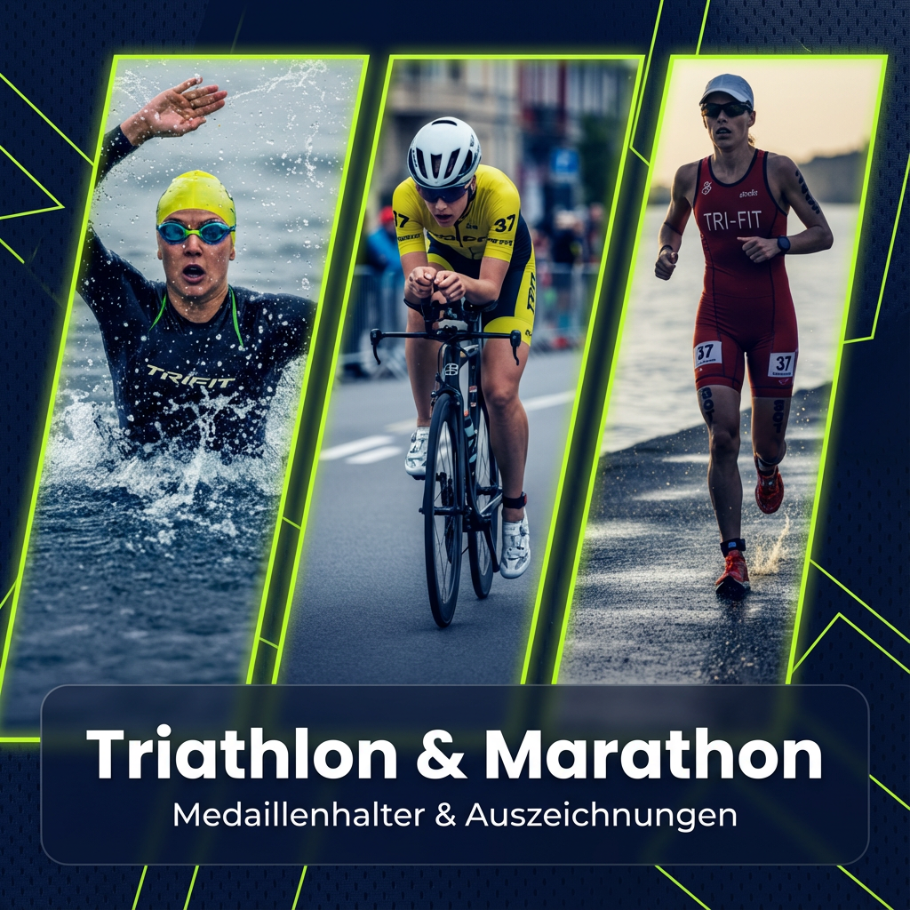 Medallero personalizado triathlón, la imagen muestra una persona nadando, otra persona en bicicleta y otra persona corriendo, todo con estética triathlón, y debajo texto TRIATHLÓN MARATHÓN que corresponde a la categoría