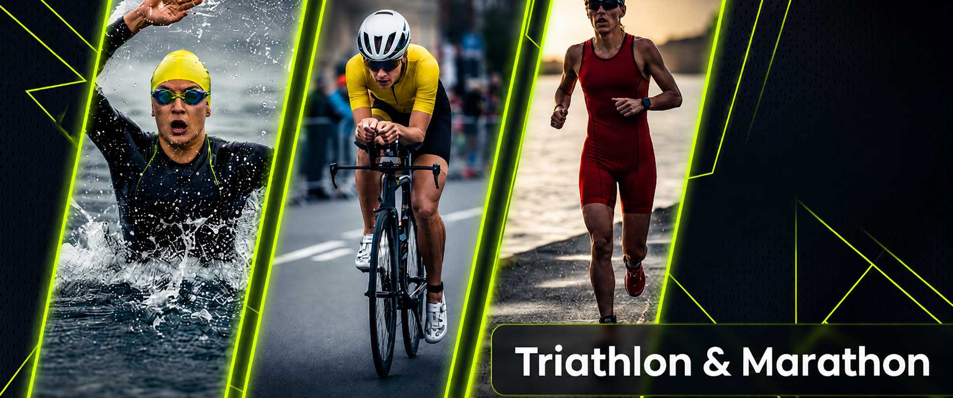 Medallero personalizado triathlón, la imagen muestra una persona nadando, otra persona en bicicleta y otra persona corriendo, todo con estética triathlón, y debajo texto TRIATHLÓN MARATHÓN que corresponde a la categoría