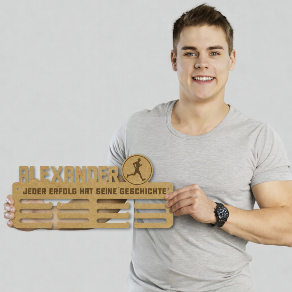 Medaillenhalter Triathlon personalisiert aus Holz – Kiefer Naturholz