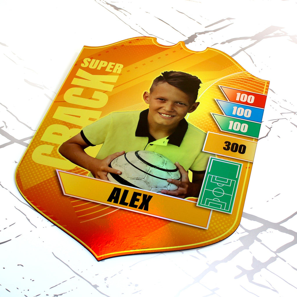 Personalisierte, farbenfrohe Fußballsammelkarte für den Kindergarten, holografische Farbe.