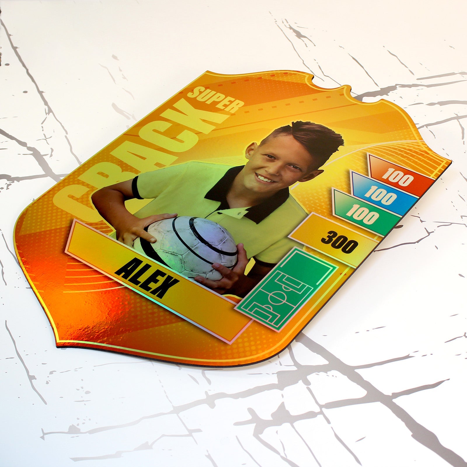 Personalisierte, farbenfrohe Fußballsammelkarte für den Kindergarten, holografische Farbe.