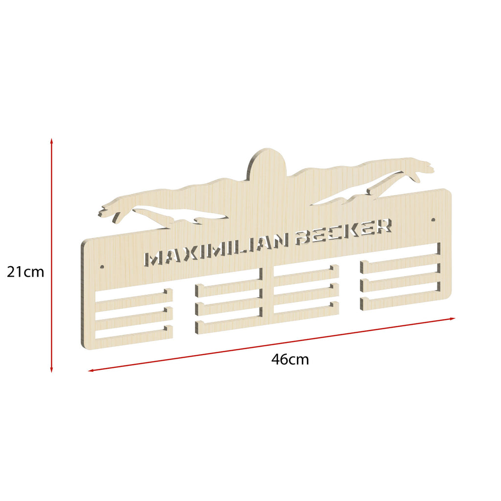 Personalisierter Medaillenhalter Schwimmen mit Namen, Modell „Unaufhaltsame Welle“