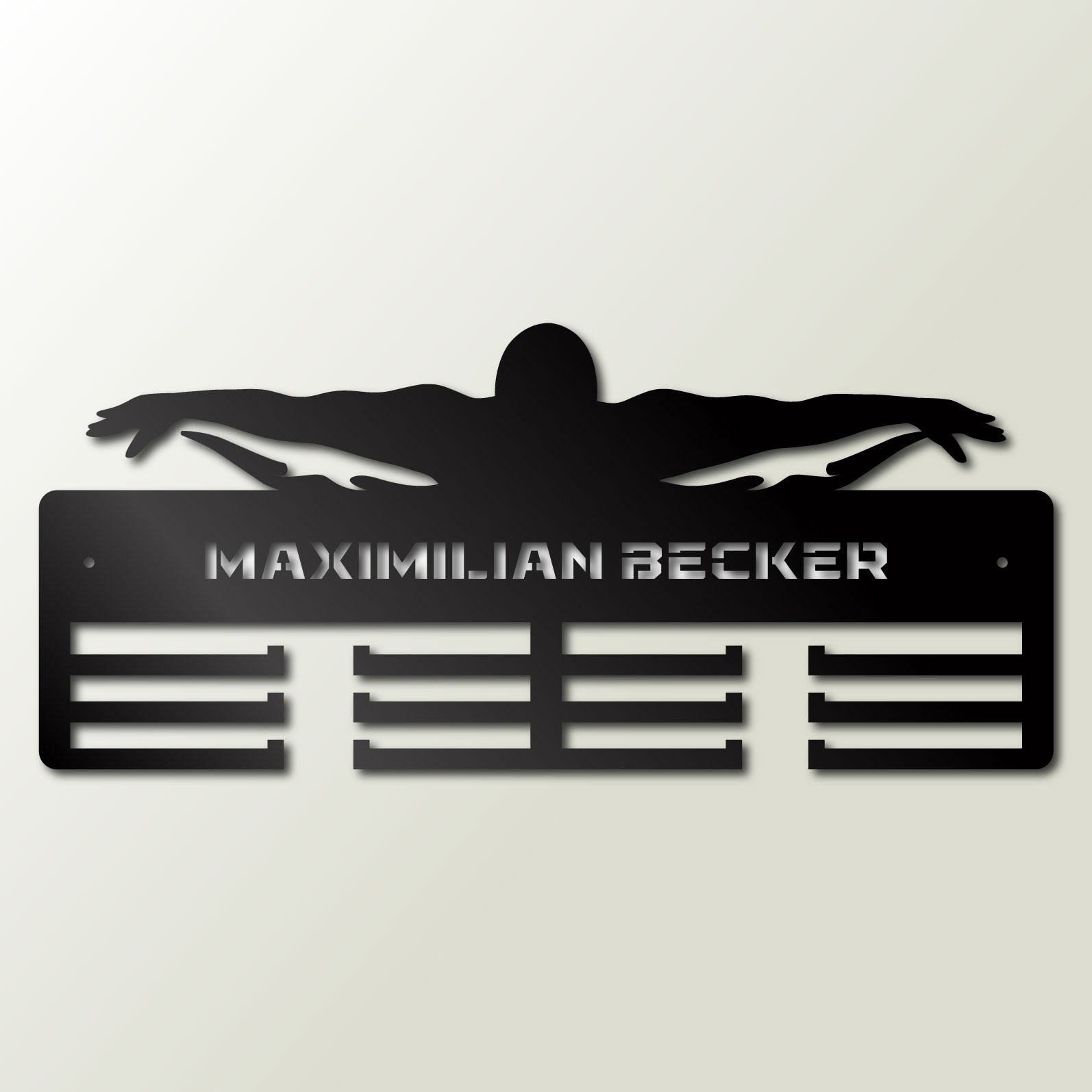 Personalisierter Medaillenhalter Schwimmen mit Namen, Modell „Unaufhaltsame Welle“