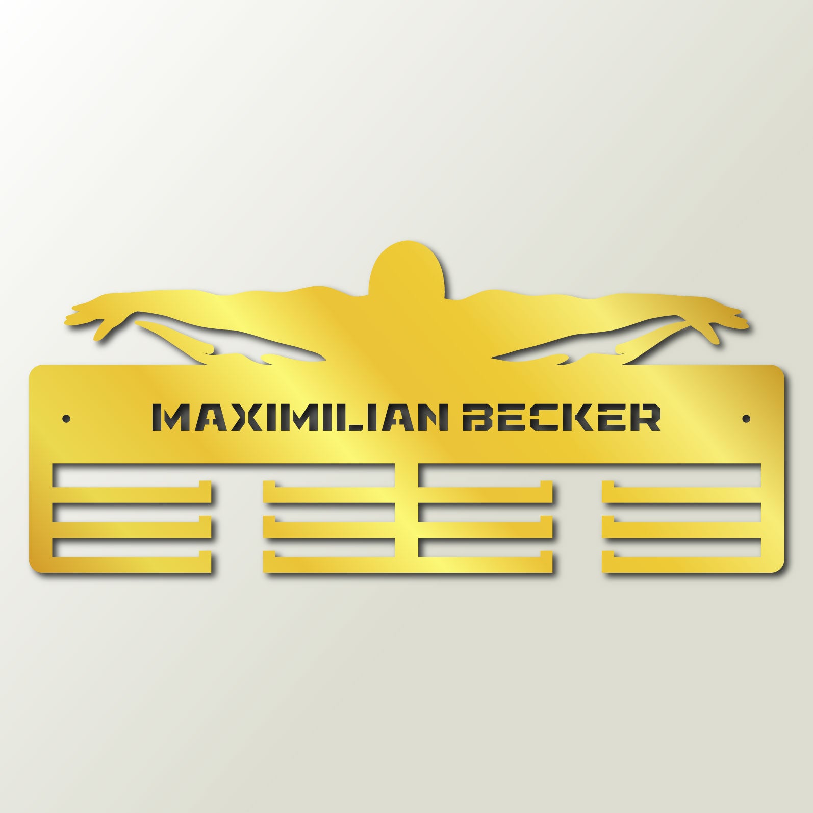 Personalisierter Medaillenhalter Schwimmen mit Namen, Modell „Unaufhaltsame Welle“