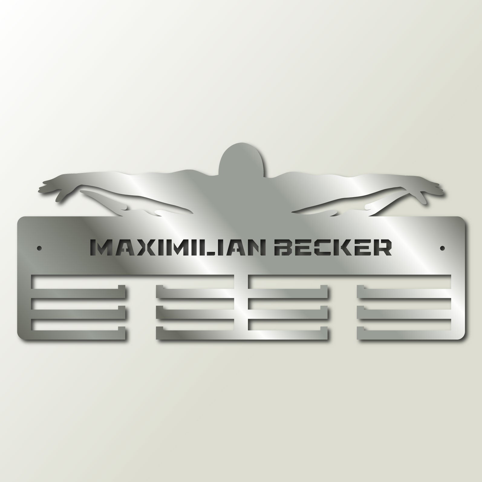 Personalisierter Medaillenhalter Schwimmen mit Namen, Modell „Unaufhaltsame Welle“