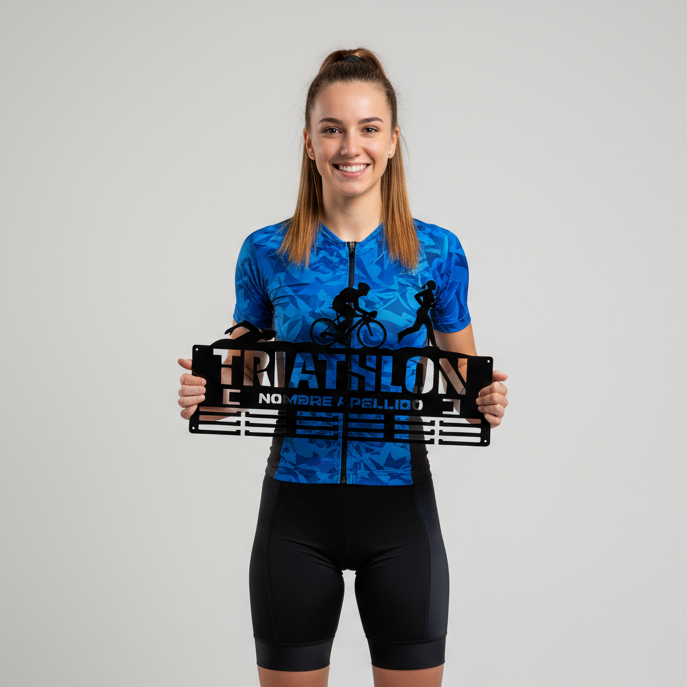 Personalisierte Triathlon-Medaille mit Namen und weiblichen Figuren