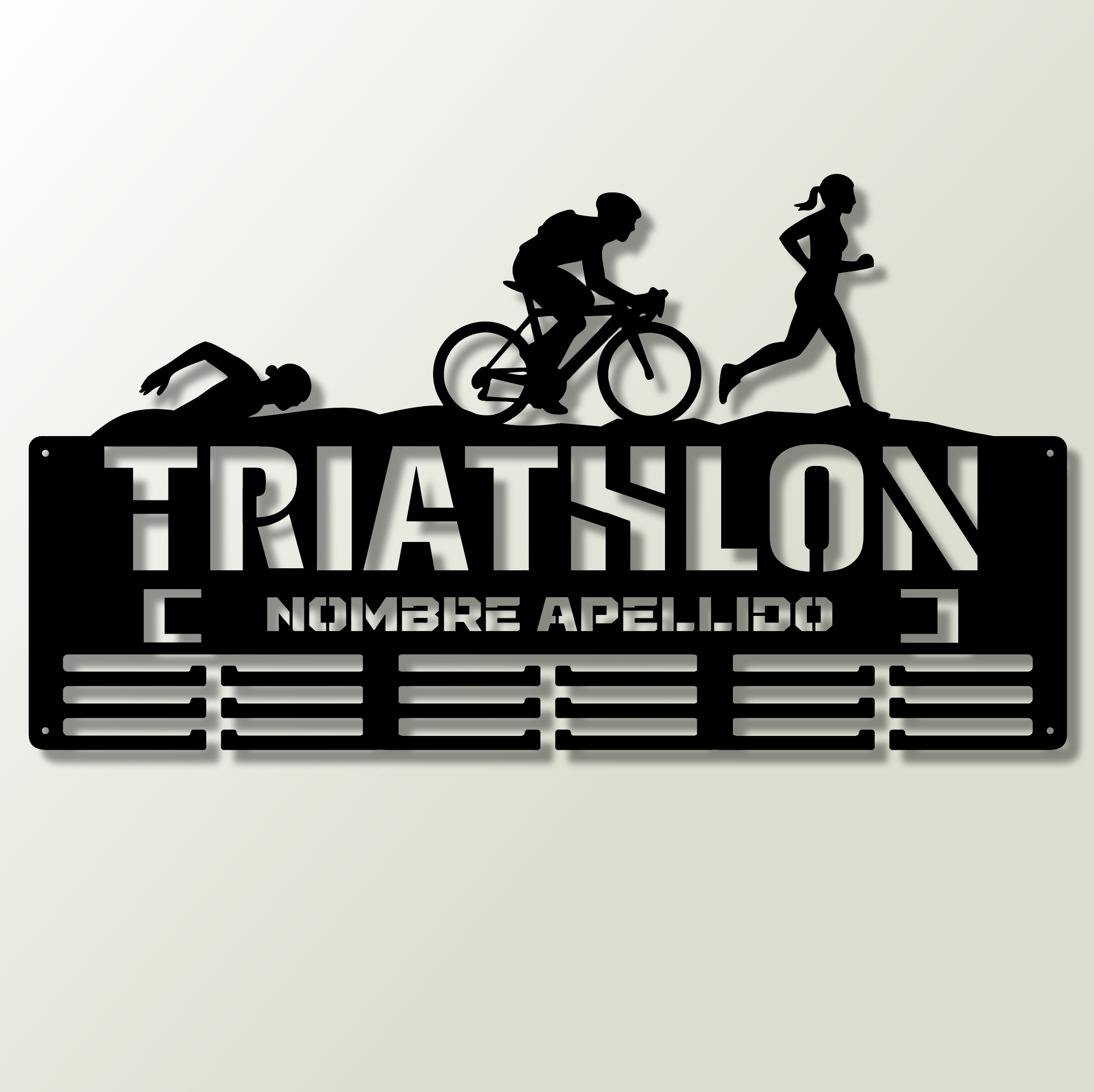 Personalisierte Triathlon-Medaille mit Namen und weiblichen Figuren