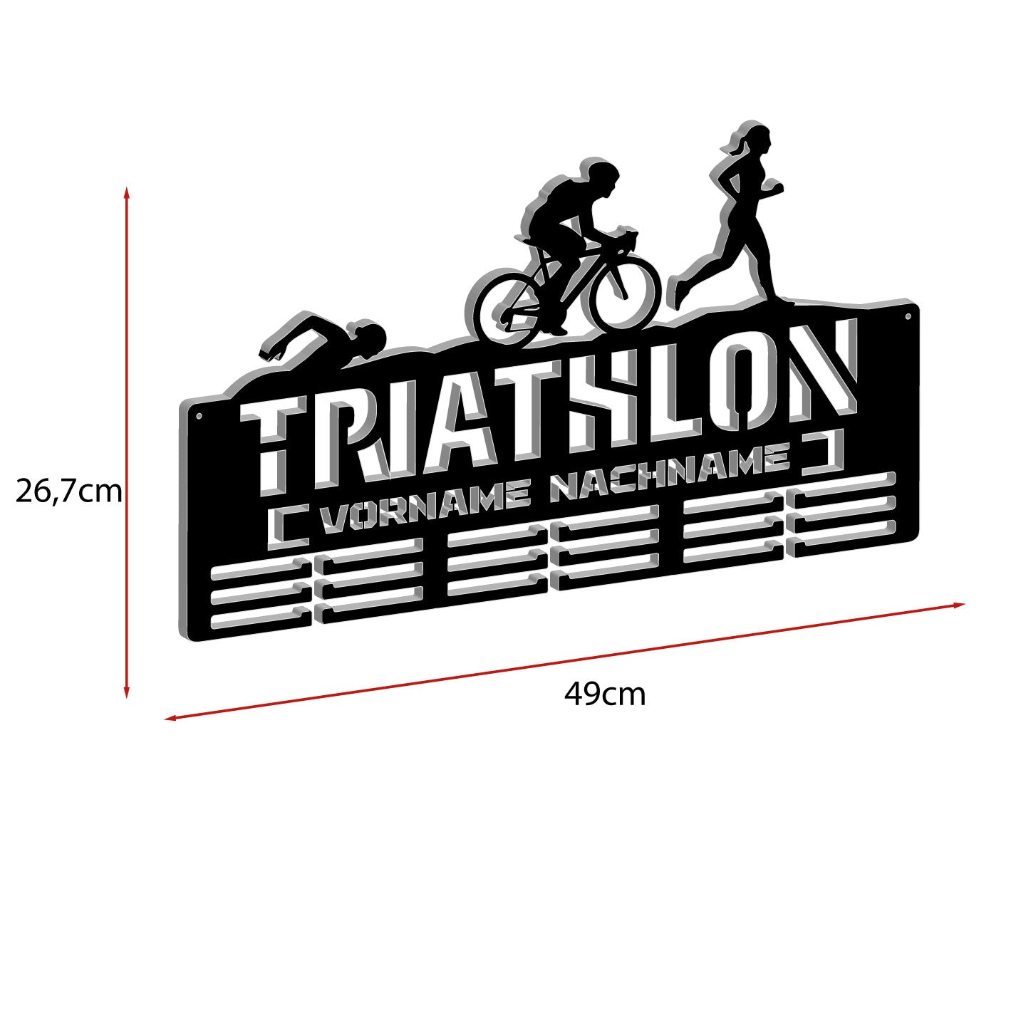 Personalisierte Triathlon-Medaille mit Namen und weiblichen Figuren