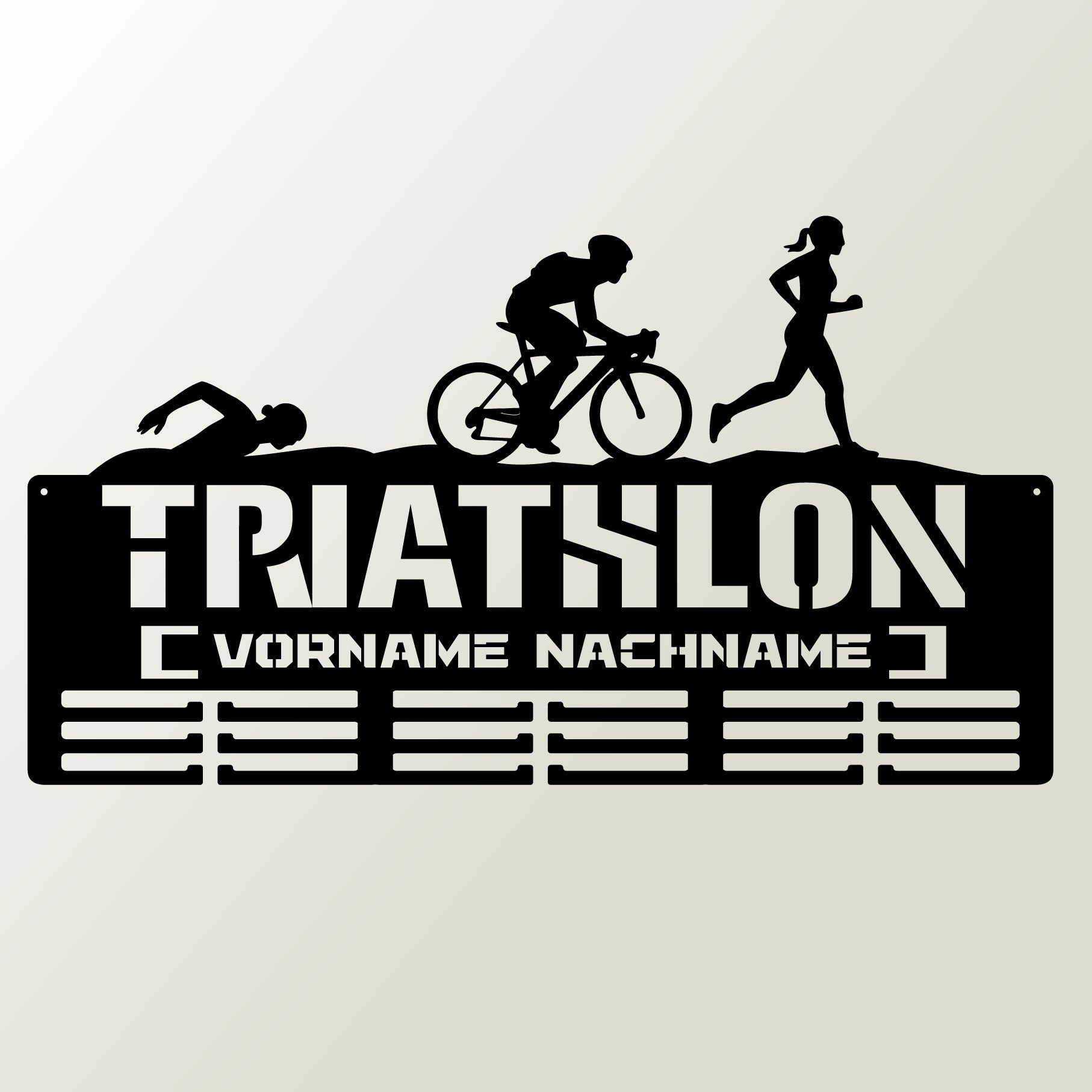 Personalisierte Triathlon-Medaille mit Namen und weiblichen Figuren
